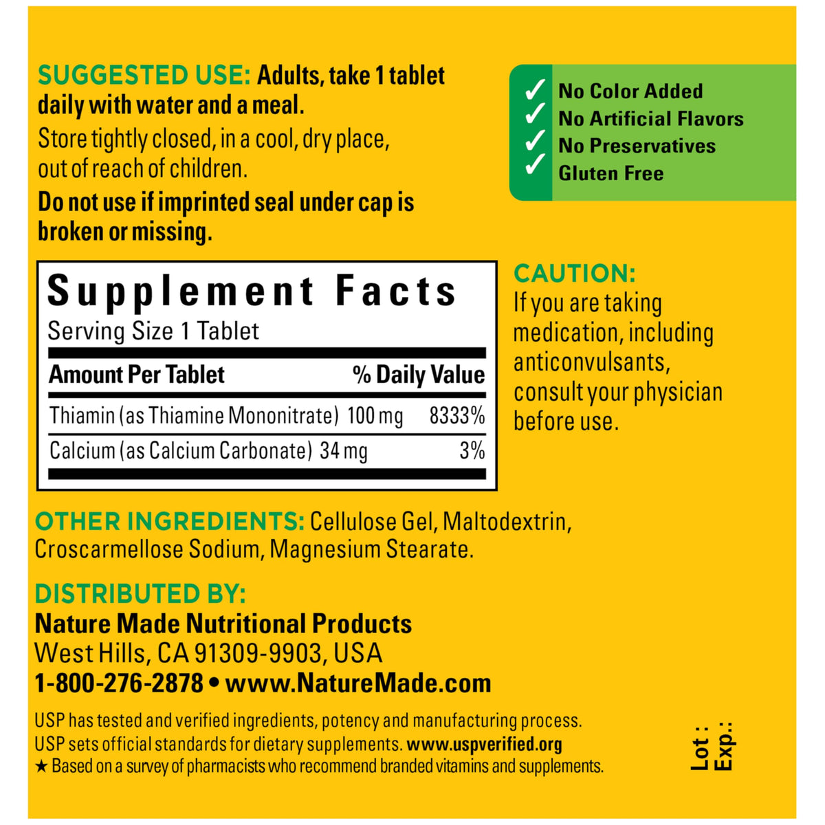 Nature Made Vitamin B1 100 milligram 100 count bottle displaying nutritional clarity