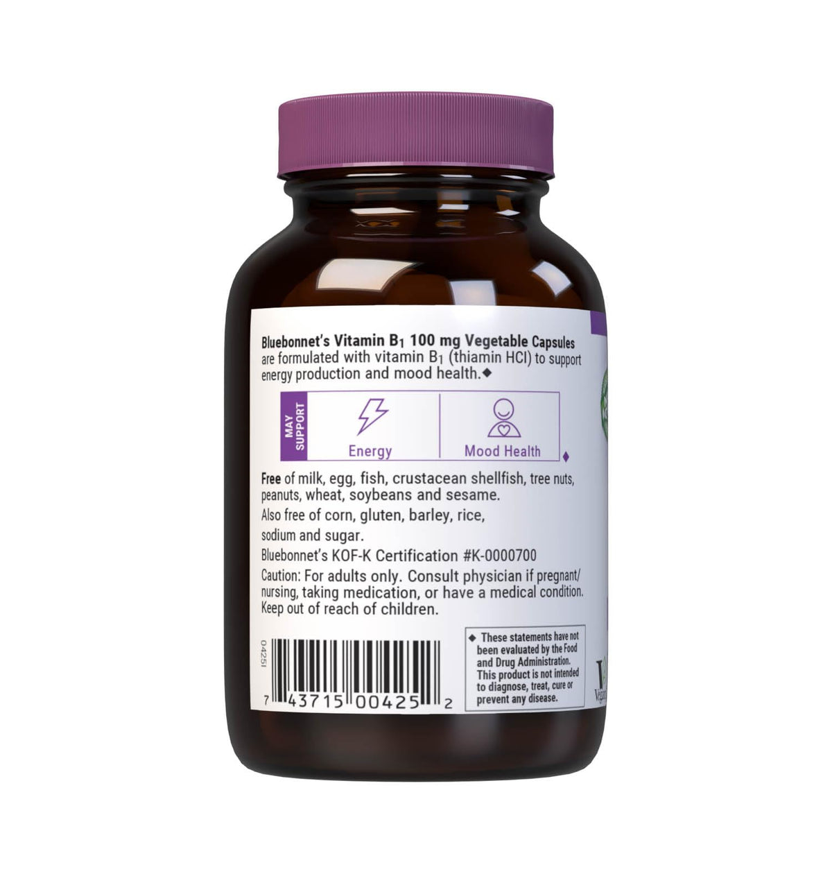 Bluebonnet Vitamin B1 hundred milligram vegetable capsules bottle sitting on a clean surface