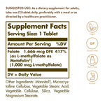 Solgar Bio Active Metafolin 1000 Micrograms nutritional facts panel and ingredient list