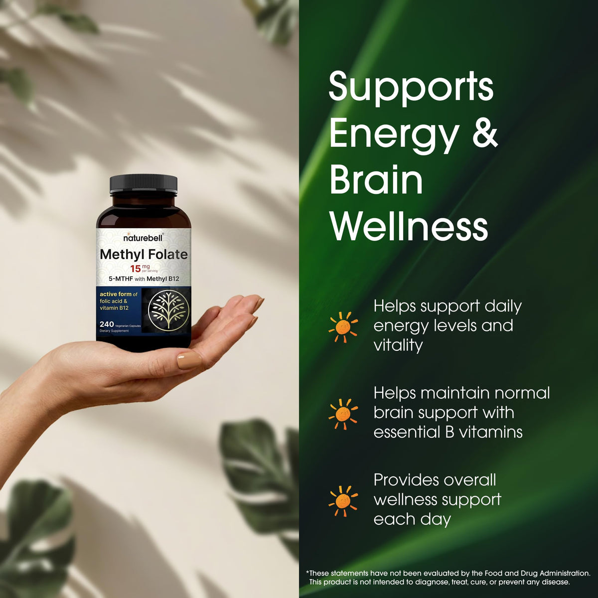 NatureBell high potency folate capsules highlighting non-GMO and gluten-free product features