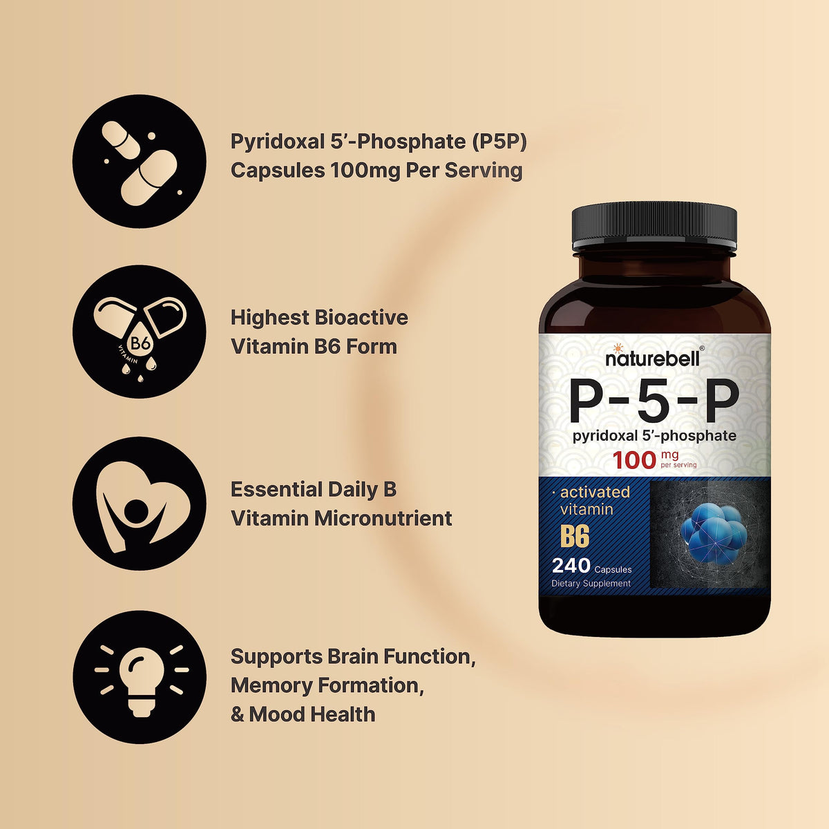 Side view of NatureBell Pyridoxal 5 Phosphate 240 capsules showing non GMO dietary features