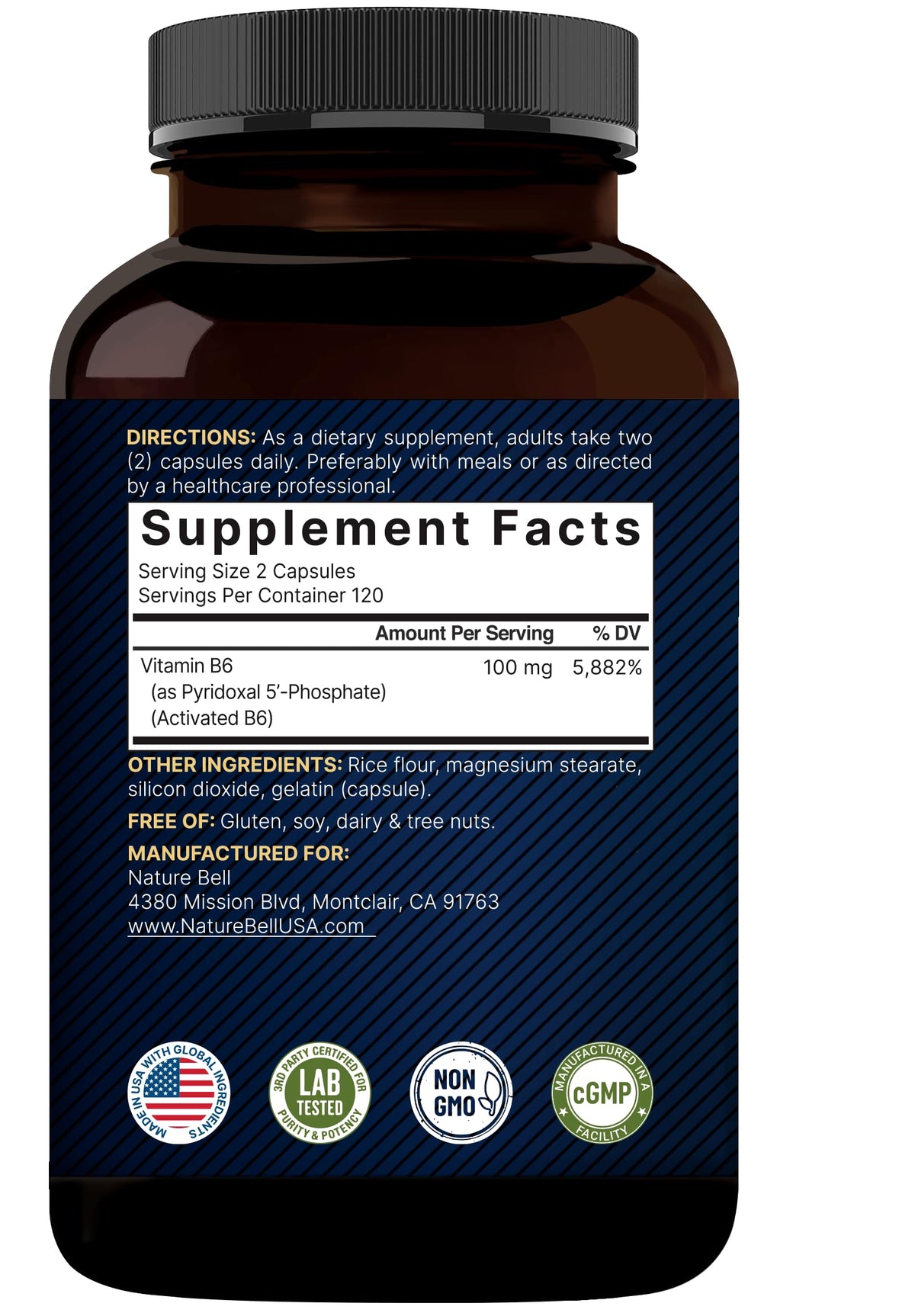 Close up of NatureBell Pyridoxal 5 Phosphate text demonstrating bioavailable coenzyme ingredients