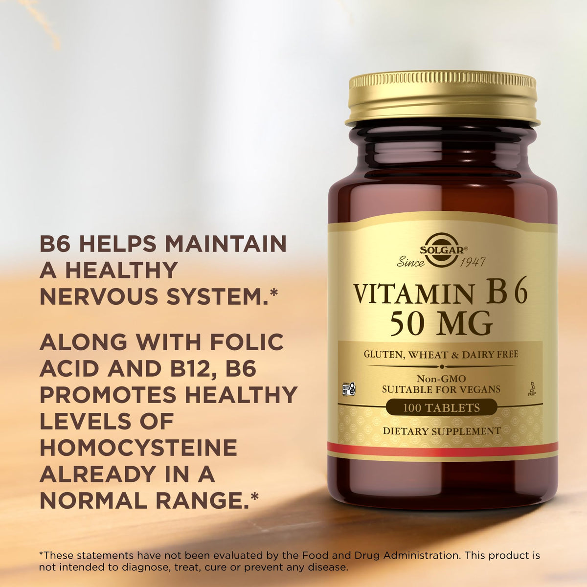 Solgar Vitamin B6 100 tablets packaging showing directions for adult usage and dietary facts