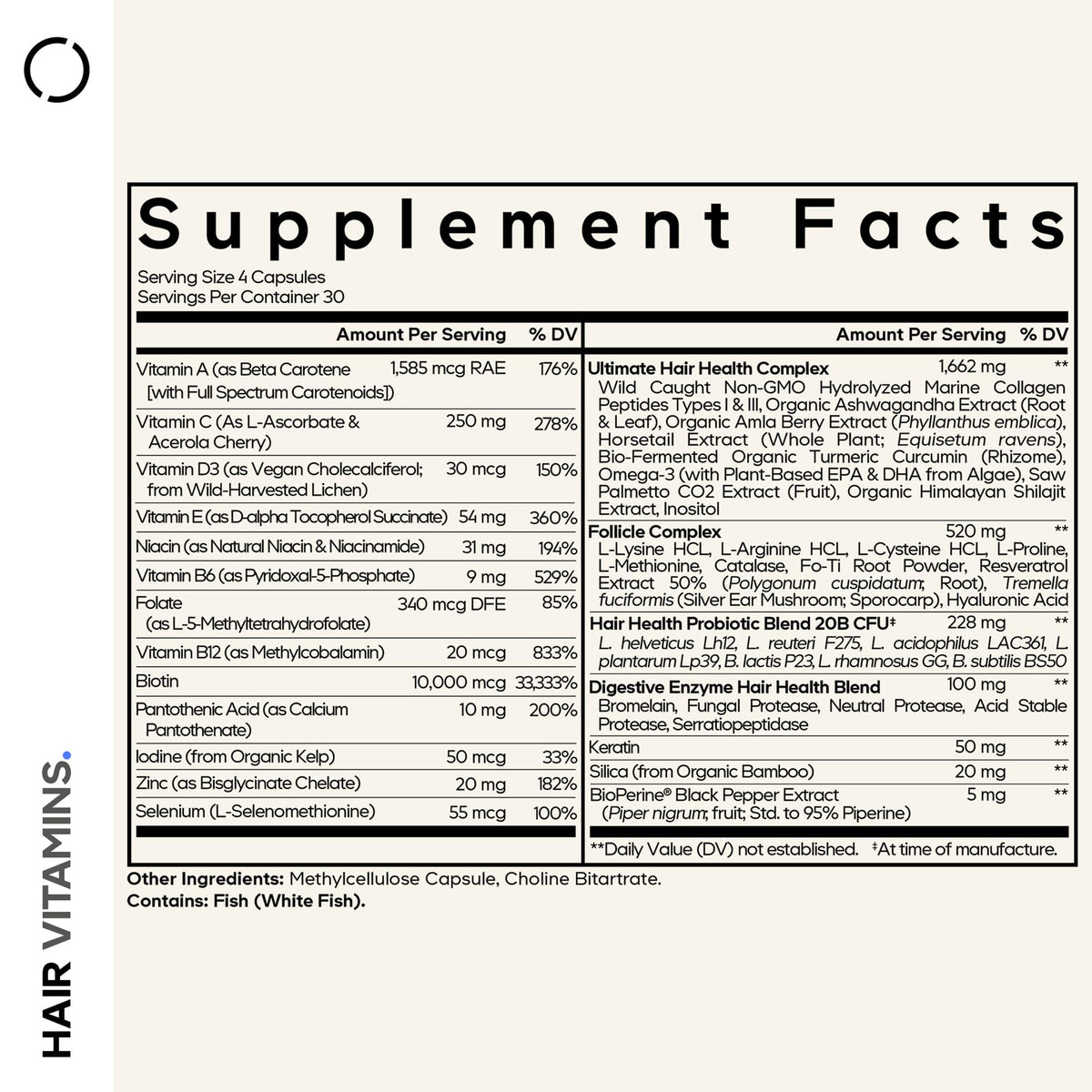 Codeage Hair Vitamins supplement facts label highlighting ten thousand micrograms biotin content