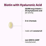 Close up of easy to swallow fast release biotin softgels infused with coconut oil.