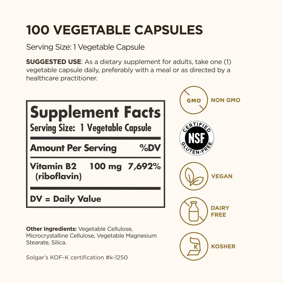 Solgar Vitamin B2 100 vegetable capsules supplement facts and clean ingredient label