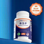 Vitamatic R5P 50mg dietary supplement bottle showing easy to swallow vegetarian capsules size