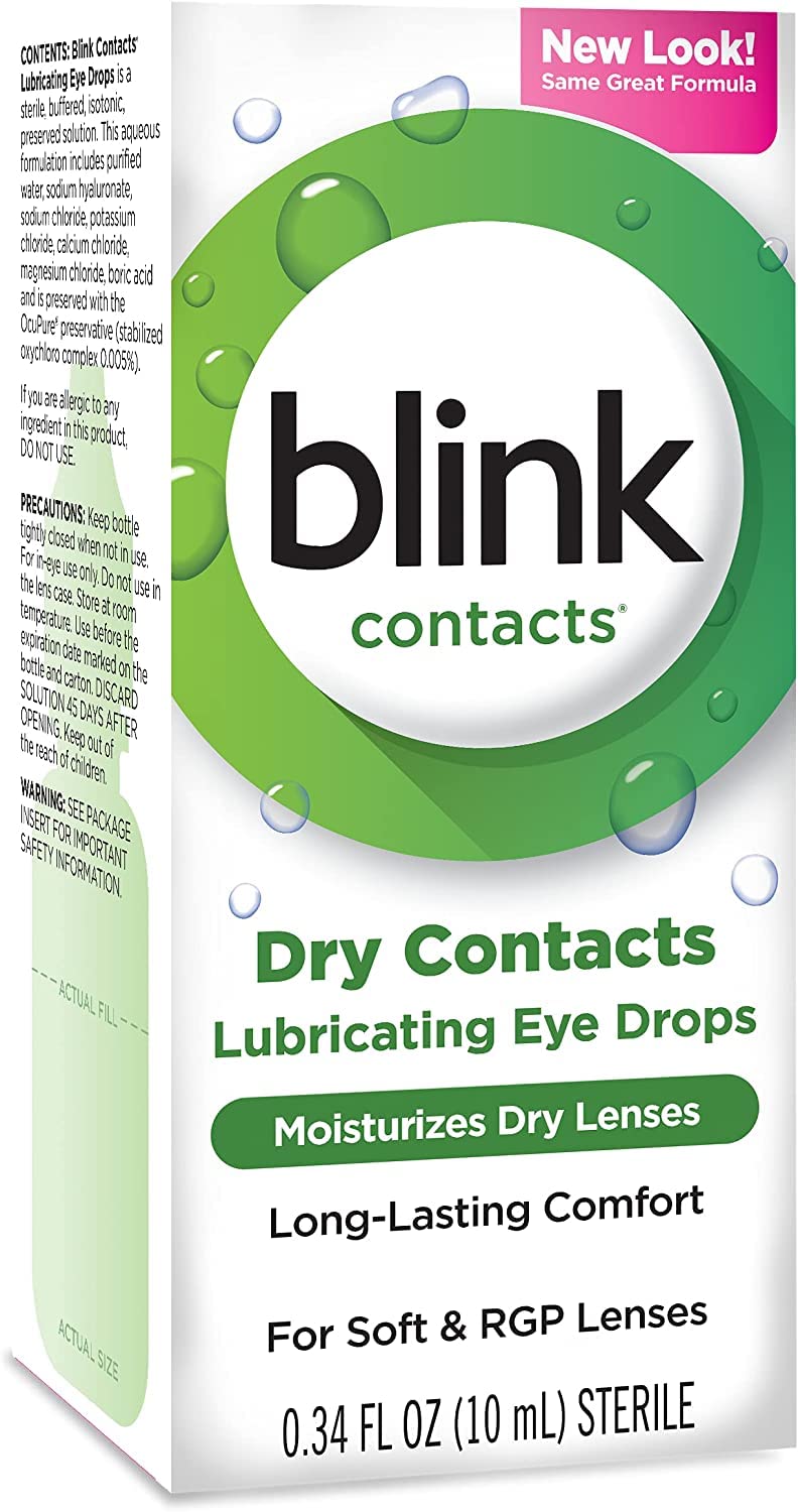 Close up of the Blink eye drops label showing details for soft and rigid gas permeable contact lens compatibility.