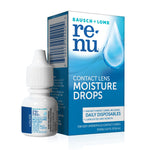 ReNu contact lens moisture drops eight milliliter bottle packaging showing active ingredients