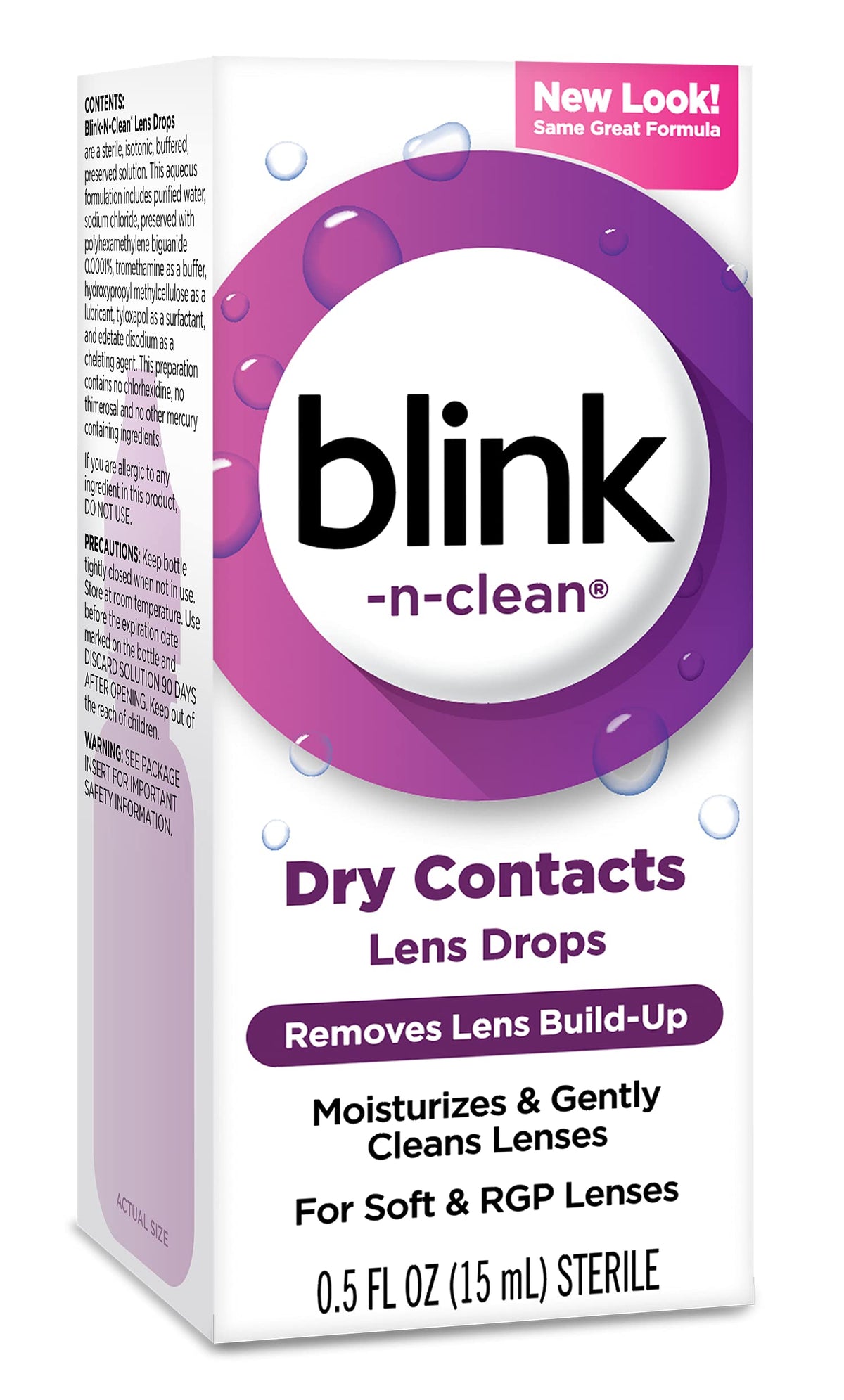 Blink rewetting eye drops twin pack back label showing ingredient information.