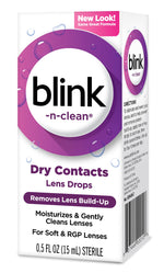 Blink contact lens lubricating solution fifteen milliliter bottles close up.