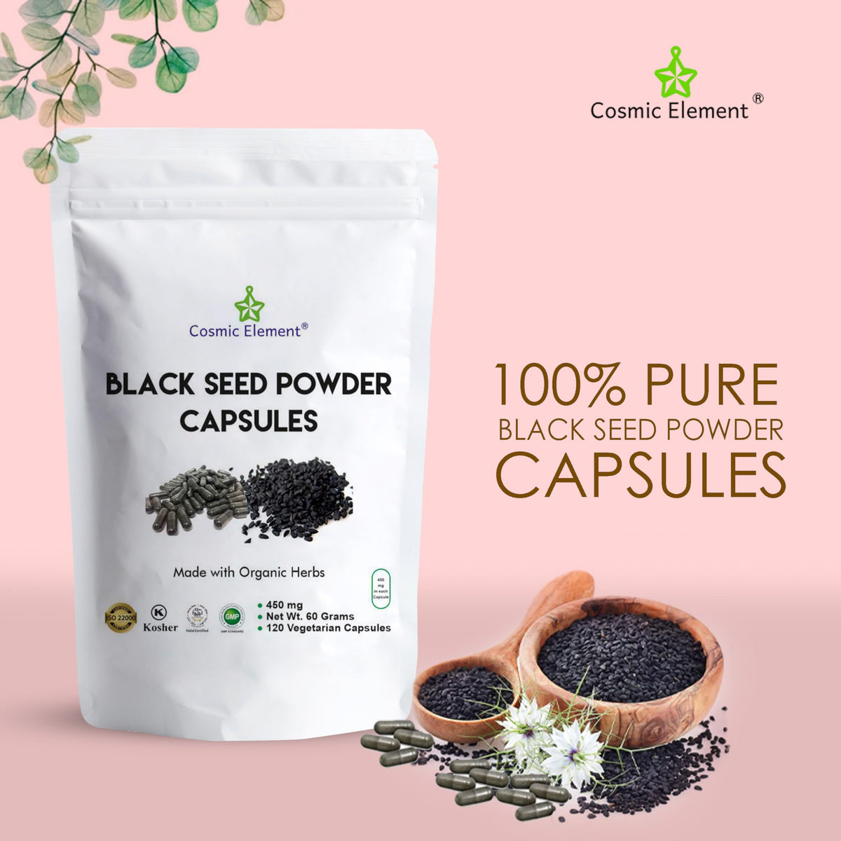 Cosmic Element Nigella Sativa 120 vegan capsules bottle label details