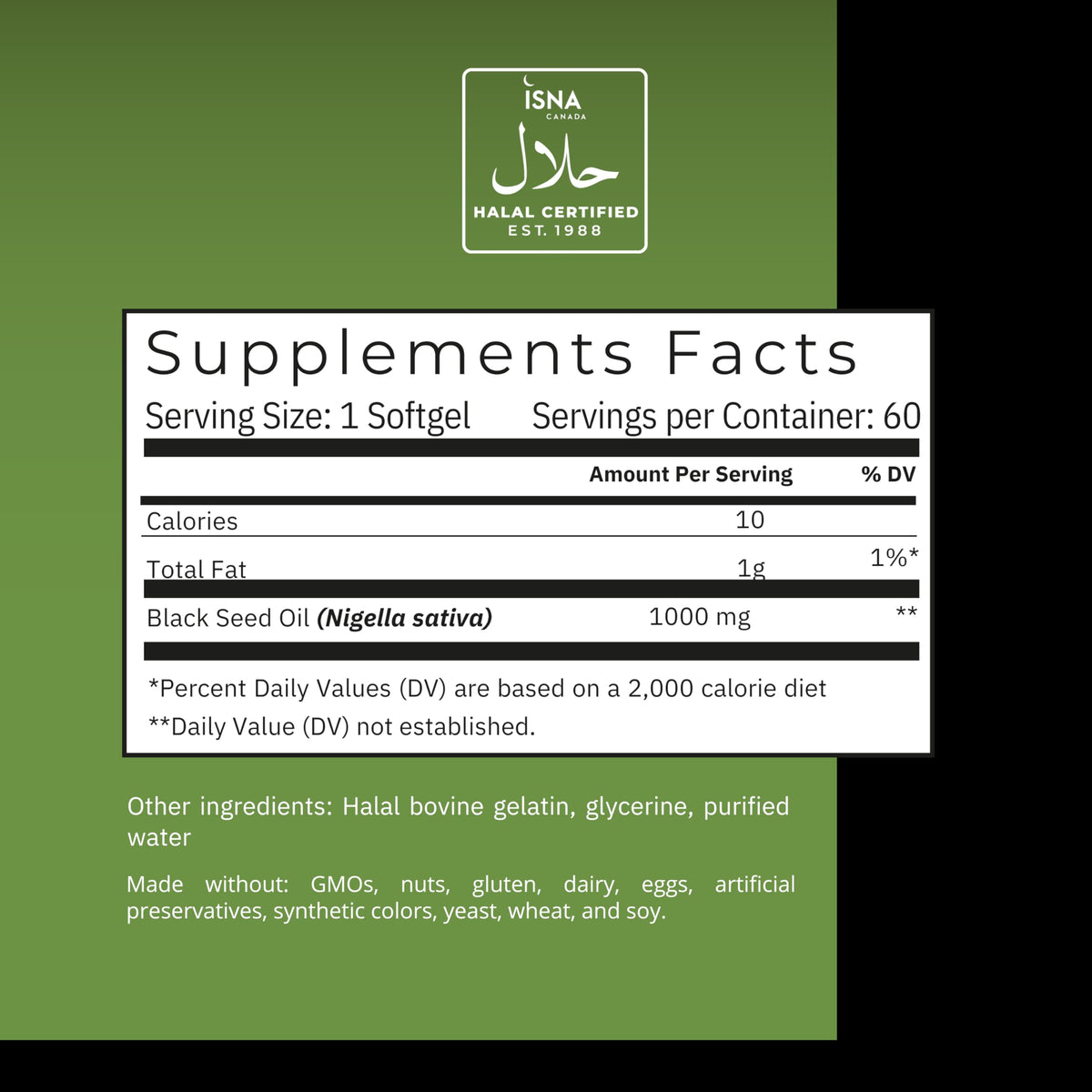 Iman Vitamins Noor Halal certified cold pressed Nigella Sativa supplement nutrition facts label