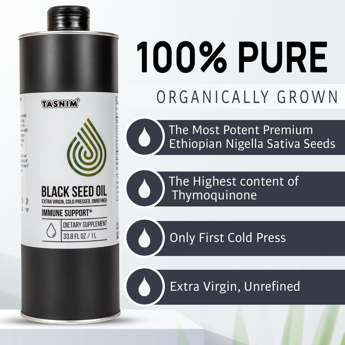 Tasnim unrefined black cumin seed oil supplement label details showing Thymoquinone content
