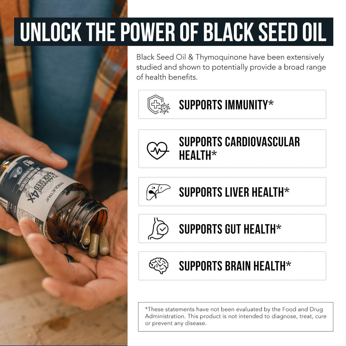 Authentic USA imported premium black seed extract capsule size and shape visual