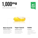 Better Place Organics non-GMO certified black seed capsules placed next to the imported USA origin bottle.