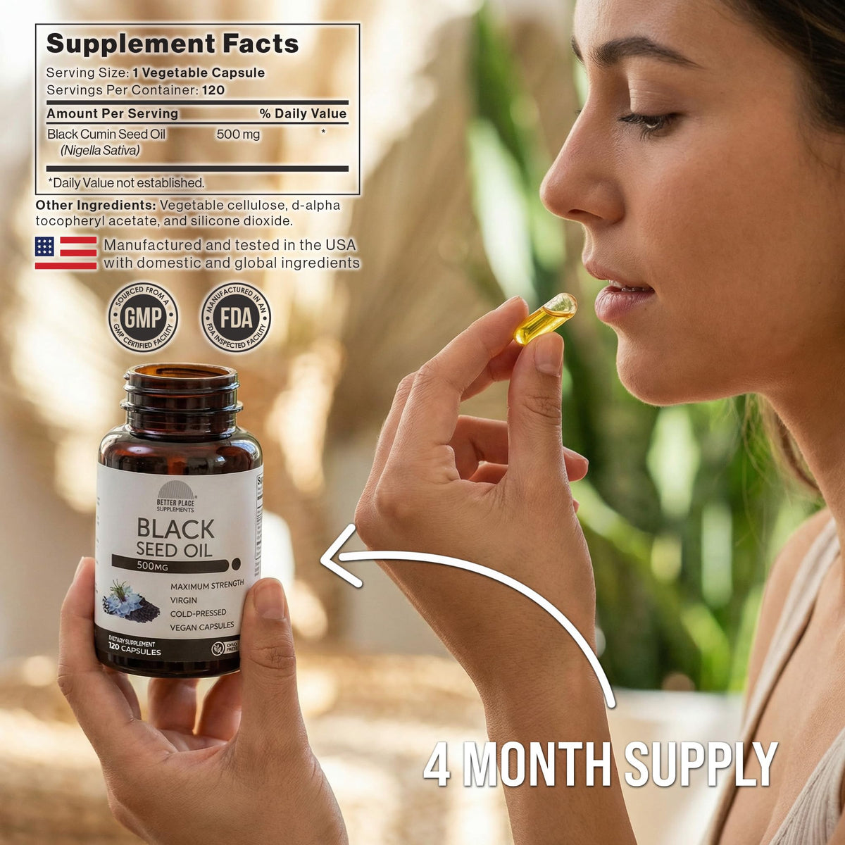 Close-up of the vegan black seed oil capsule formulation highlighting the clear, cold-pressed virgin oil consistency.