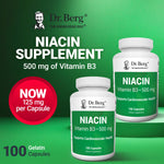Dr. Berg Niacin bottle with heart health and energy icons