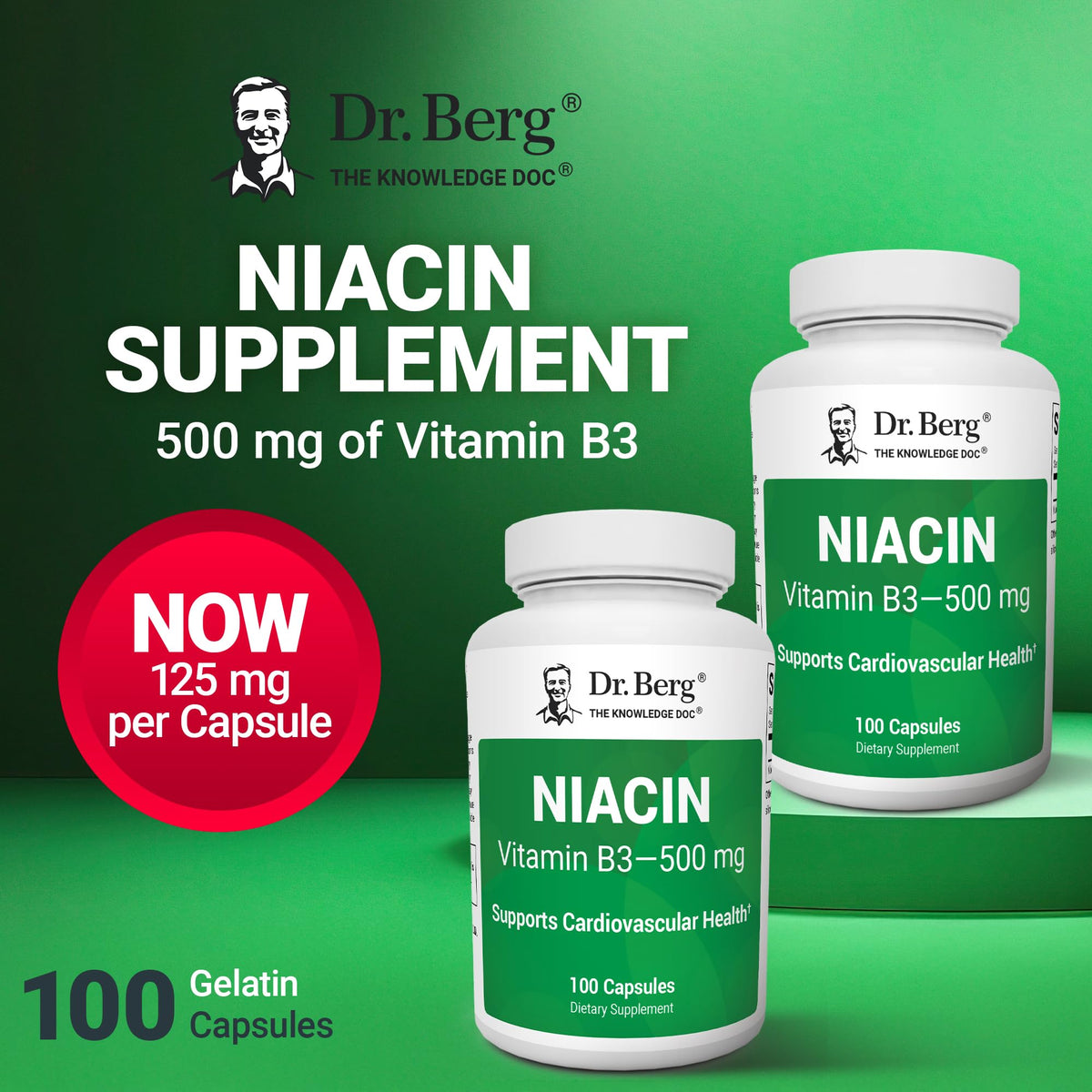 Dr. Berg Niacin bottle with heart health and energy icons