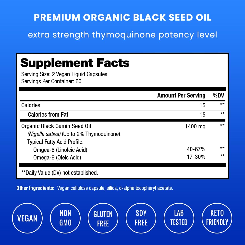 NutraChamps cold pressed black seed oil 1400mg supplement facts panel and ingredient list
