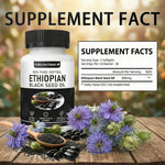 Purely Nutrient Ethiopian Black Cumin Seed Oil softgels packaging detailing the organic cold pressed and non GMO product features.