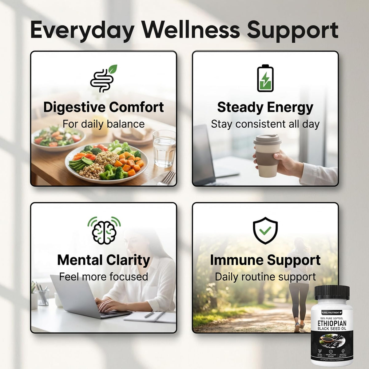 Back label of Purely Nutrient black seed oil supplement indicating gluten free ingredients and daily dietary serving size instructions.