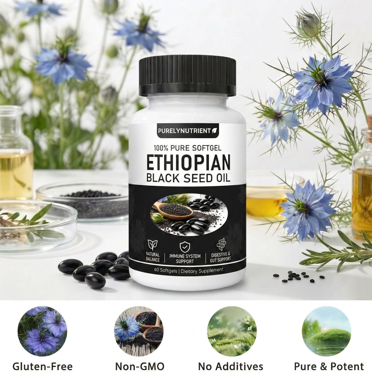 Authentic USA imported Purely Nutrient Ethiopian black seed oil dietary supplement for natural energy enhancement.