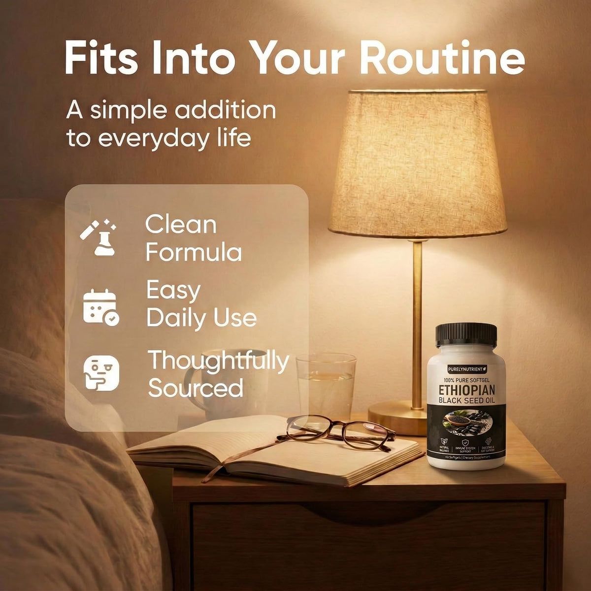 Purely Nutrient brand organic black cumin seed oil 60 softgels container demonstrating high potency thymoquinone levels.