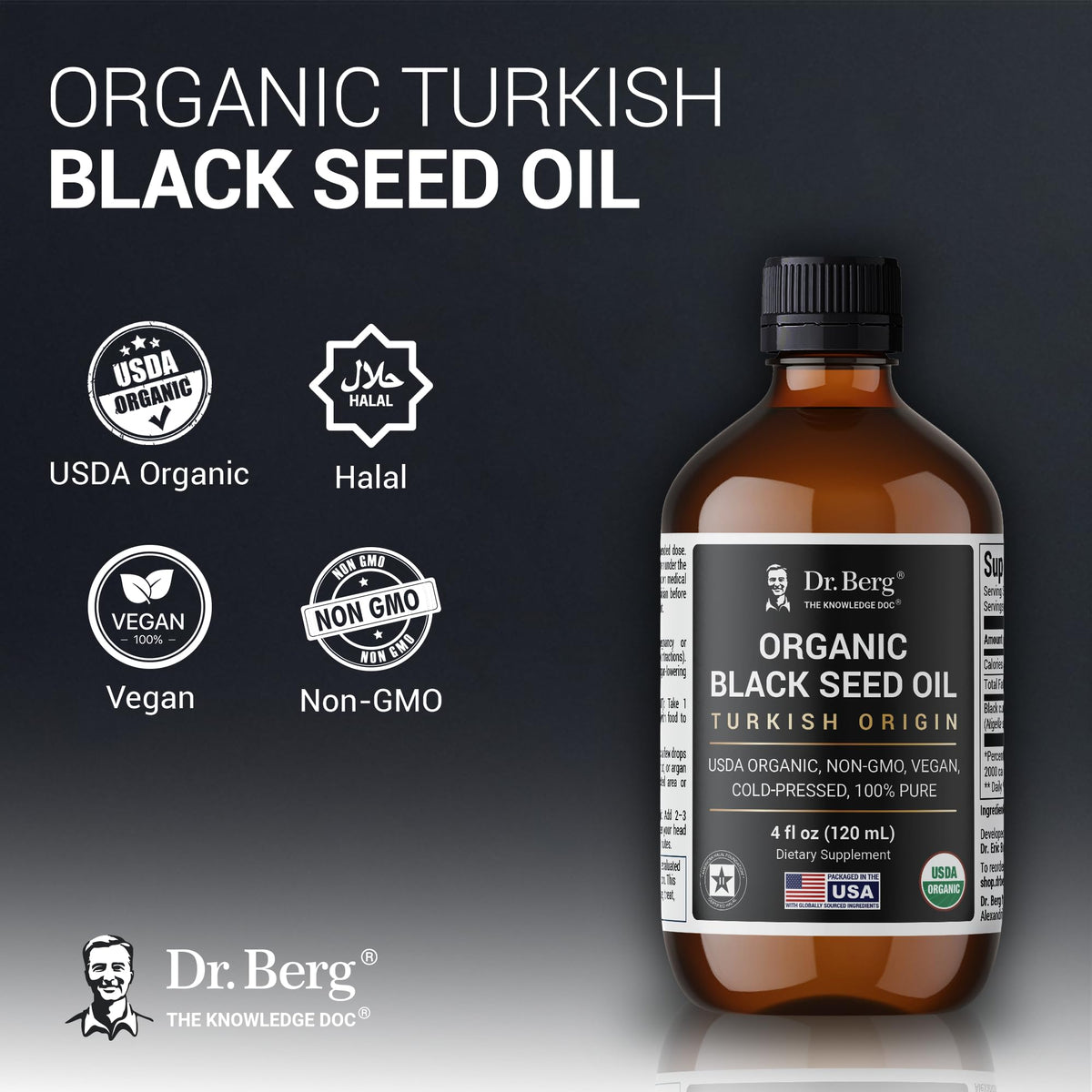 Dr. Berg cold pressed Nigella Sativa liquid supplement bottle showing organic and vegan certifications.