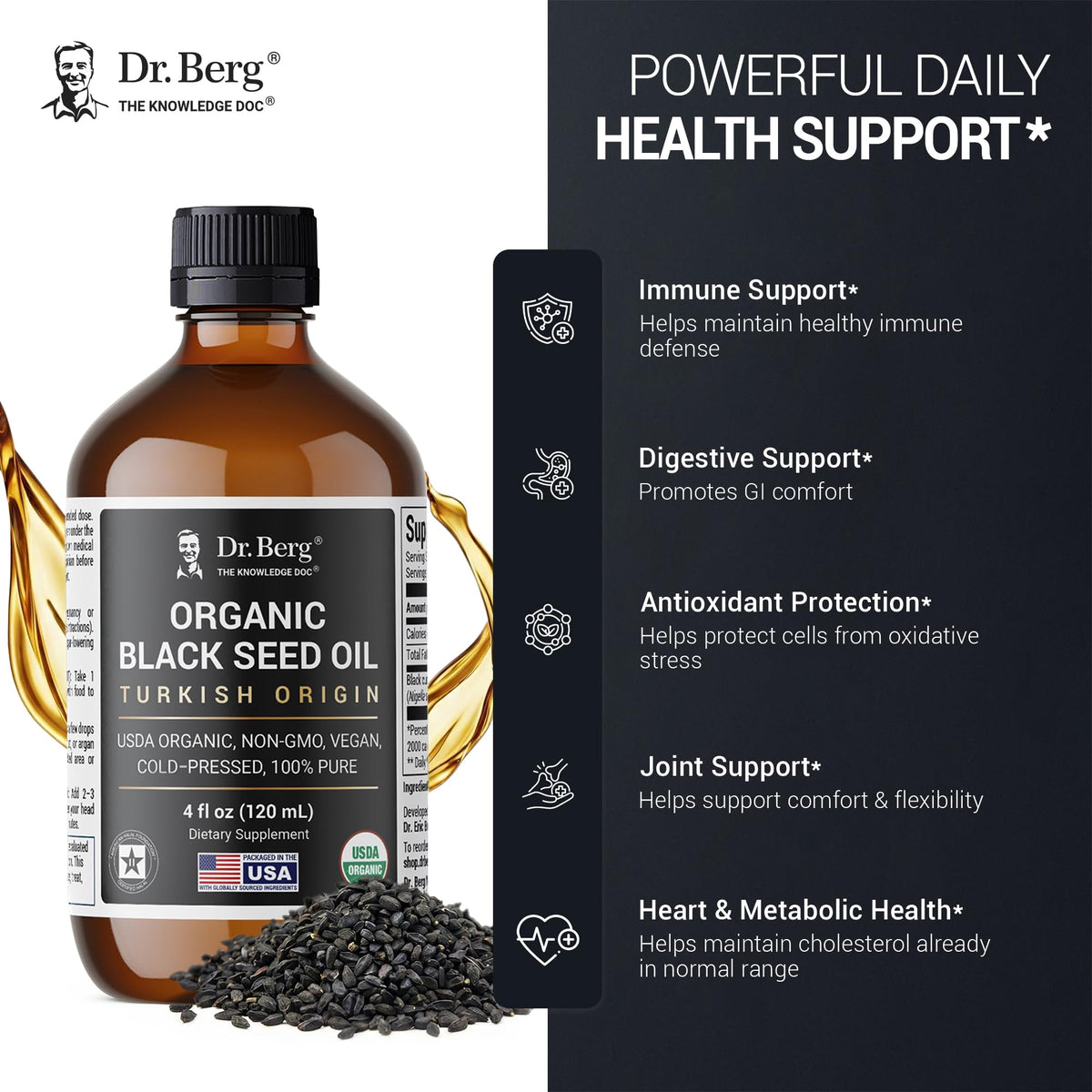 Side view of Dr. Berg premium cold pressed liquid wellness supplement for immune support.