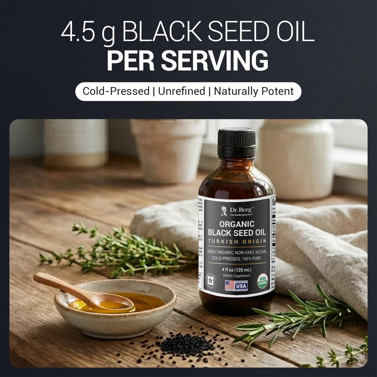 Dr. Berg non GMO black cumin oil bottle ideal for oral intake or topical skin application.