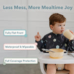 Loulou Lollipop full coverage baby feeding bib with long sleeves showing adjustable snap closures
