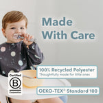 Eco friendly TPU coated baby bib providing complete clothing protection during self feeding