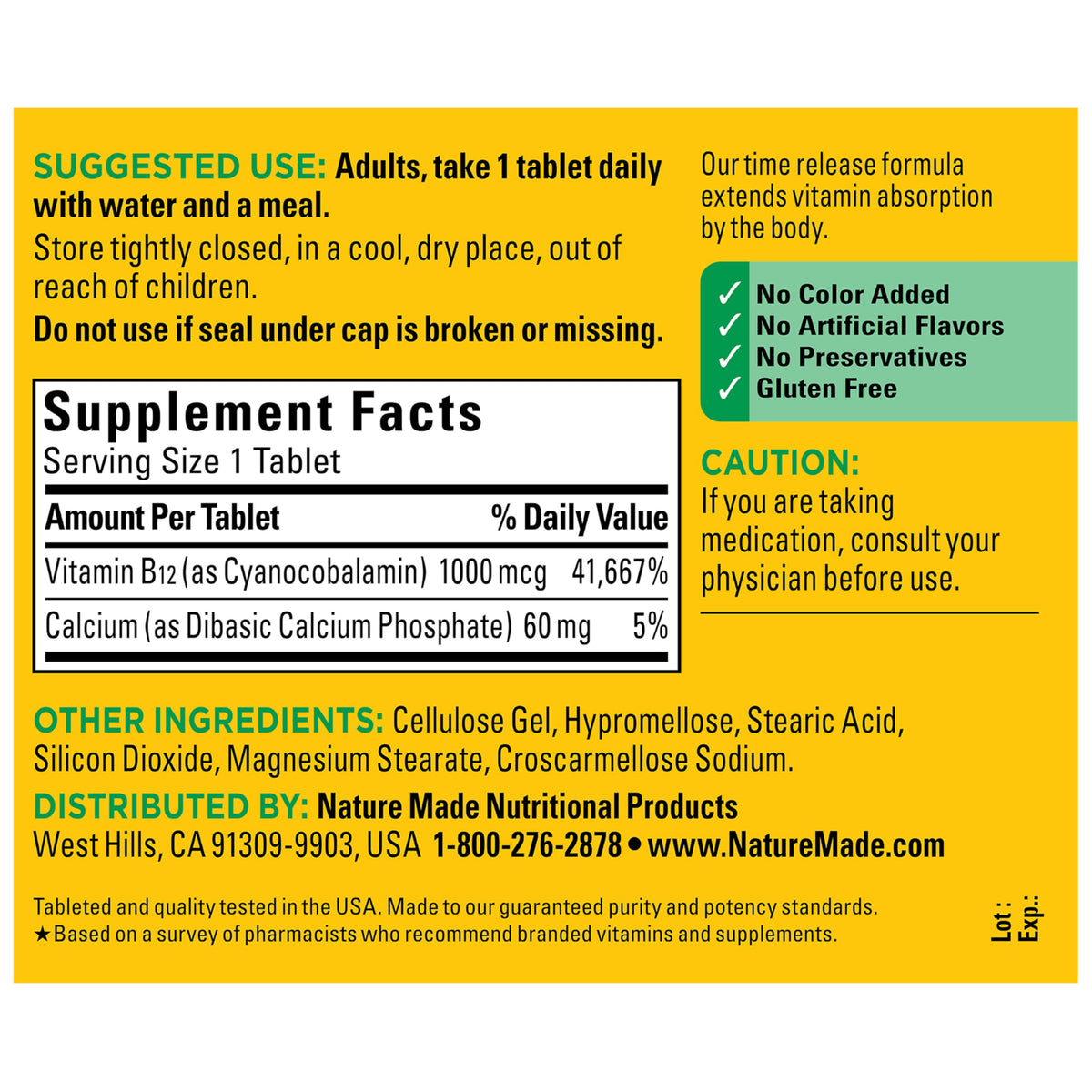 Gluten free Nature Made Vitamin B12 tablets for vegetarian nutrition