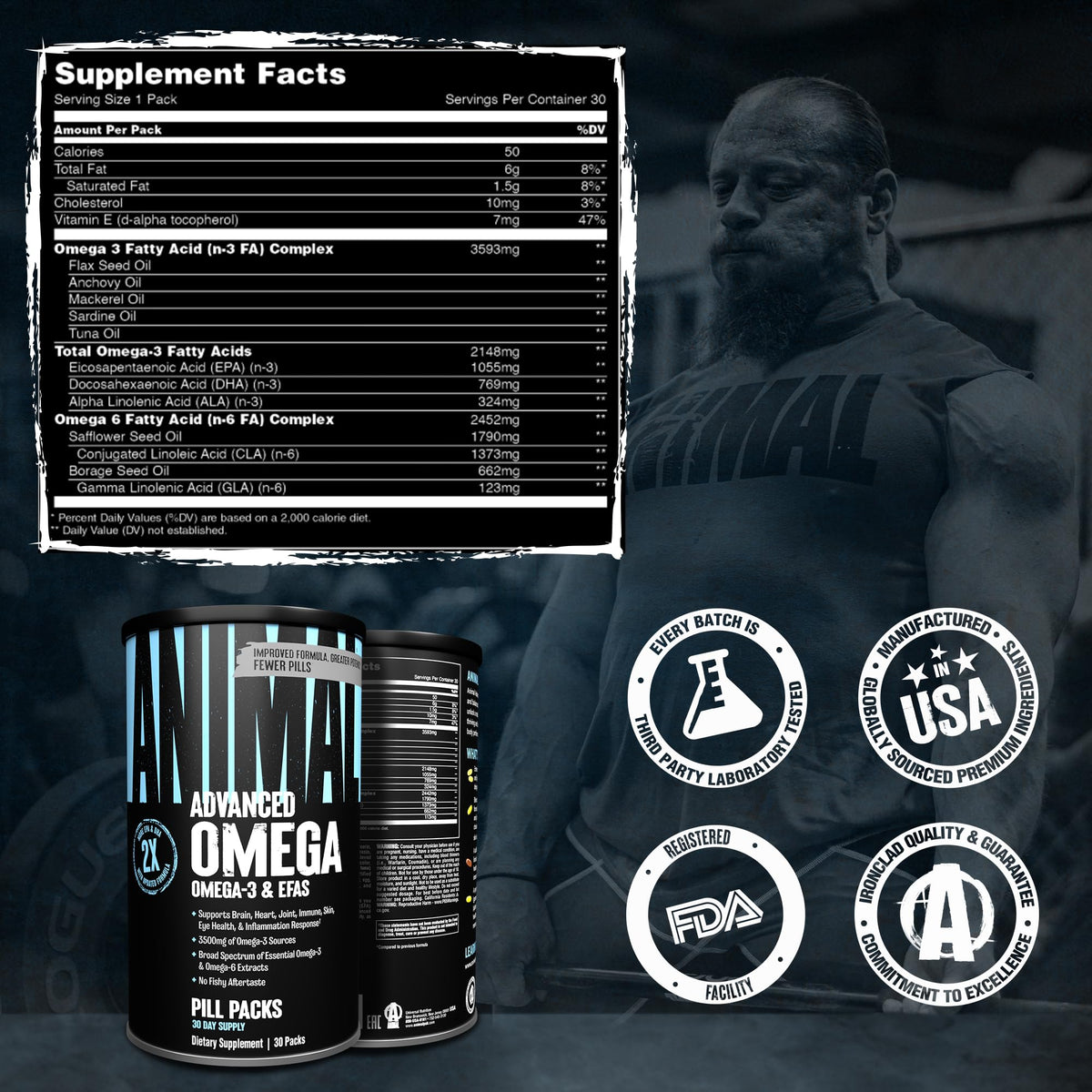 Side view of Animal Advanced Omega 3 fish oil bottle