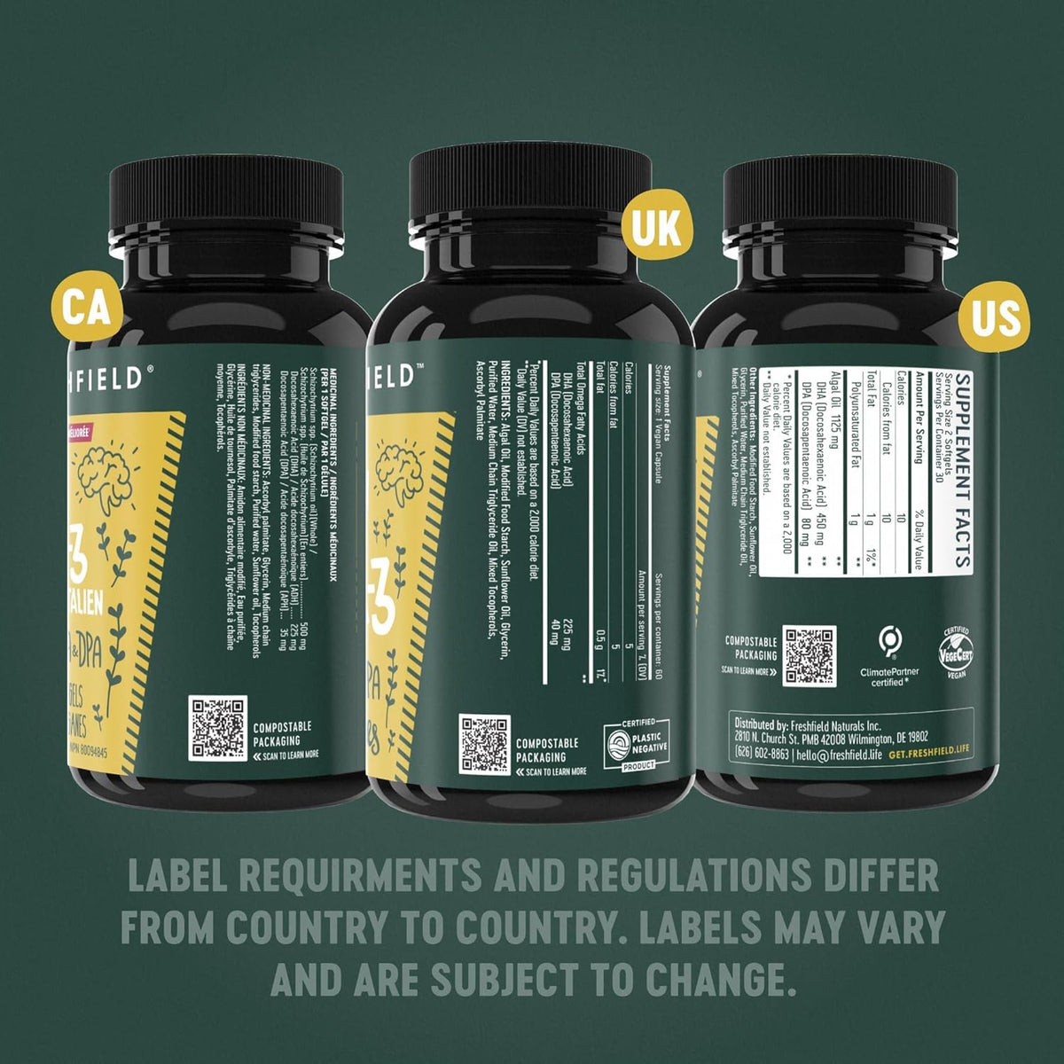 Freshfield natural marine algae omega supplement side view of eco friendly bottle