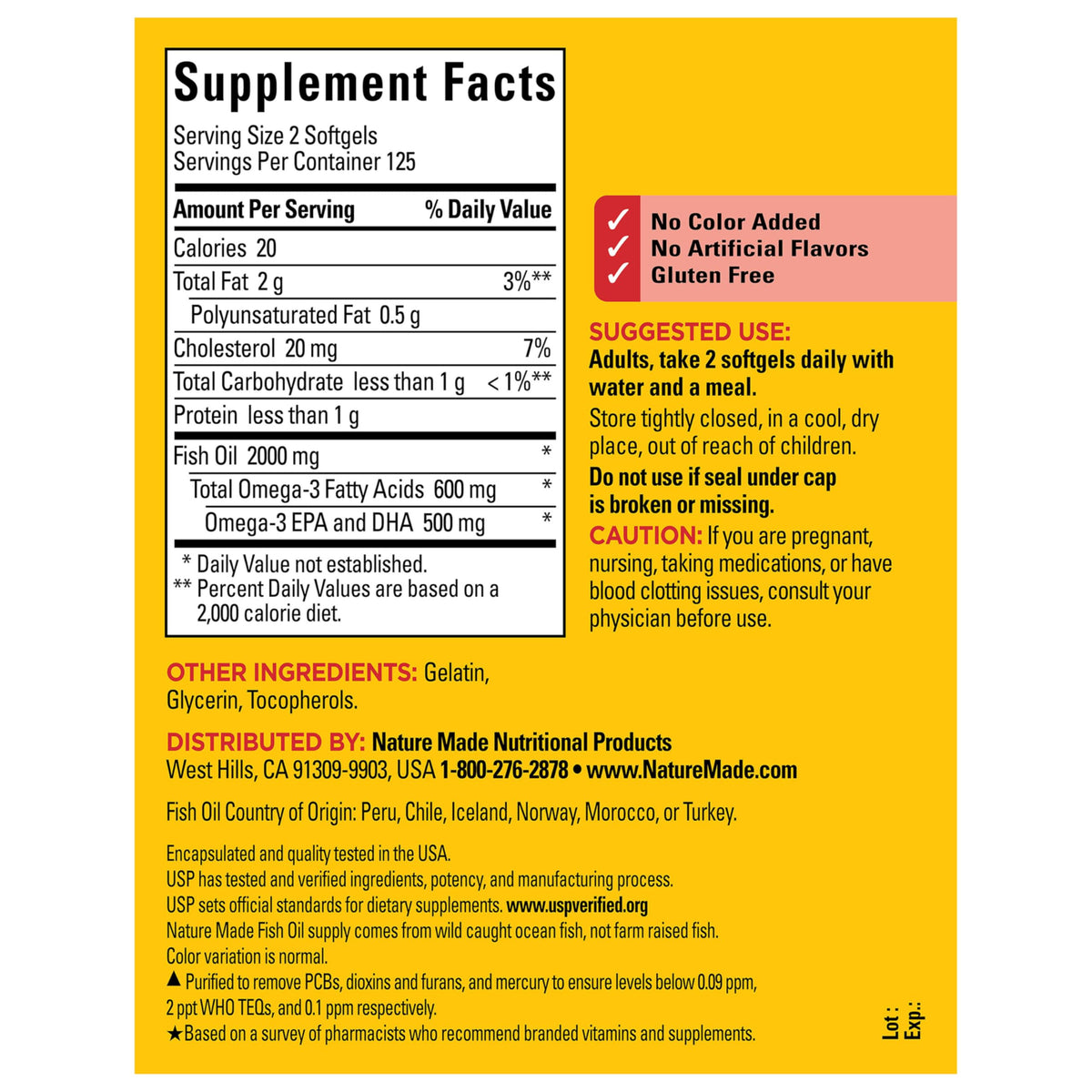 Nature Made Omega 3 supplement bottle standing upright illustrating secure flip cap design.