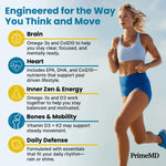 PrimeMD multi nutrient fish oil softgels alongside the packaging bottle on a clean background.