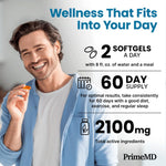 Lemon flavored easy to swallow PrimeMD fish oil softgels poured out of the container.