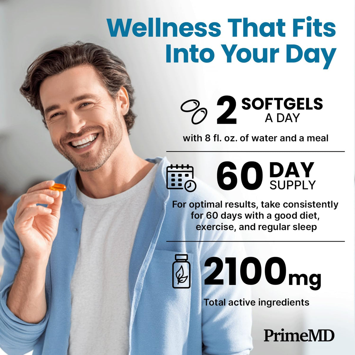 Lemon flavored easy to swallow PrimeMD fish oil softgels poured out of the container.