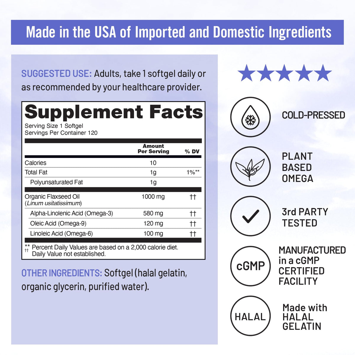 Cold pressed organic flaxseed oil supplement for heart health and glowing skin.