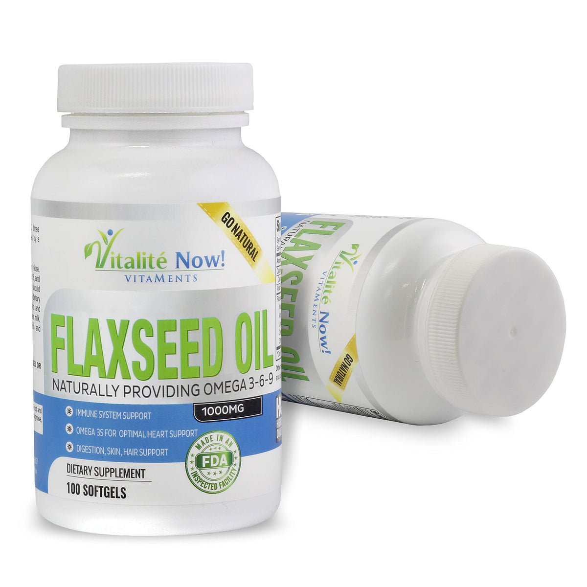 Vitalité Now Organic Flaxseed Oil 1000mg plant based Omega 3 6 9 softgels for hair skin and nails.