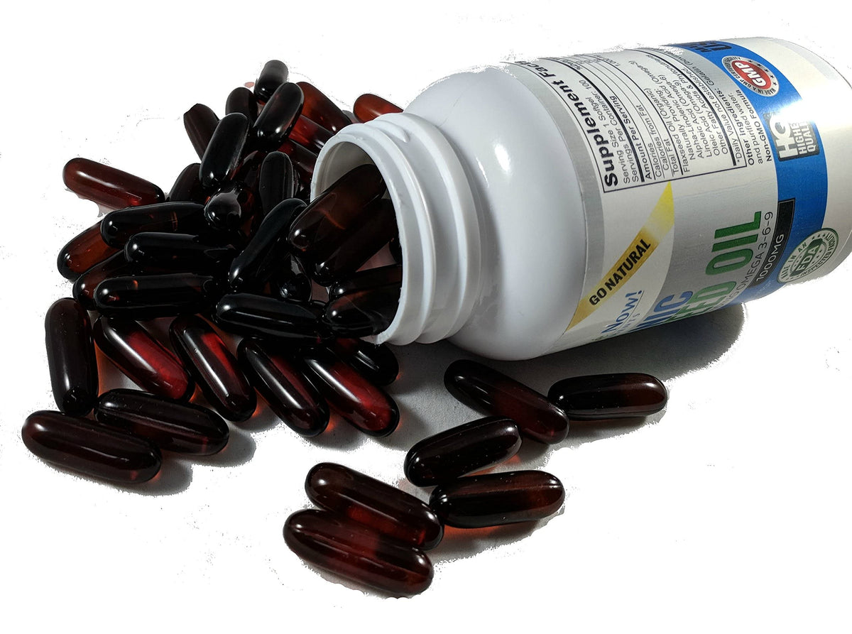 Vitalité Now Organic Flaxseed Oil 1000mg non GMO heart health supplement capsule close up layout.