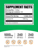 BulkSupplements plant based Omega 3 flaxseed oil capsules nutritional facts and ingredient label.