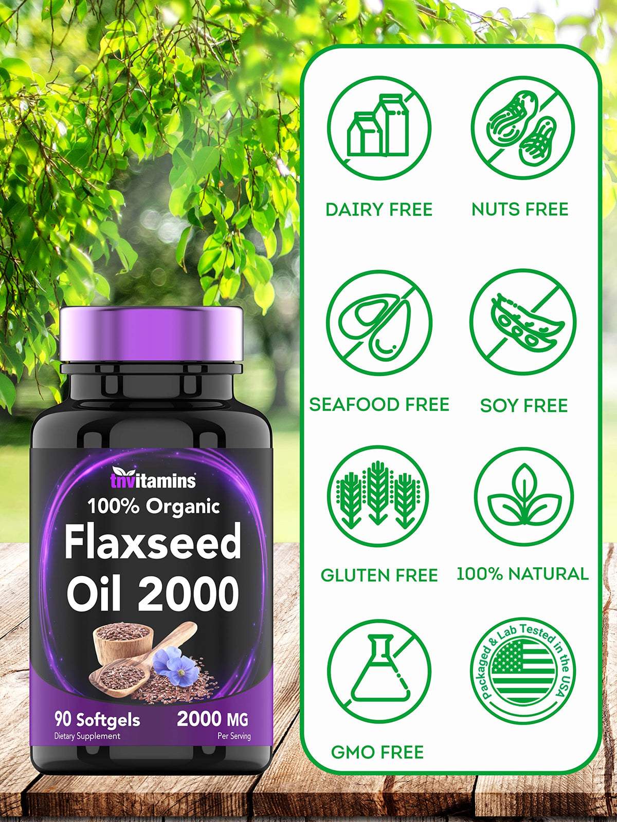 Close up view of non GMO gluten free organic flaxseed oil softgels by TNVitamins