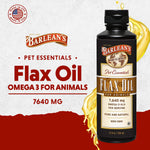 Back label of Barlean's liquid omega 3 pet supplement showing precise daily dosage instructions