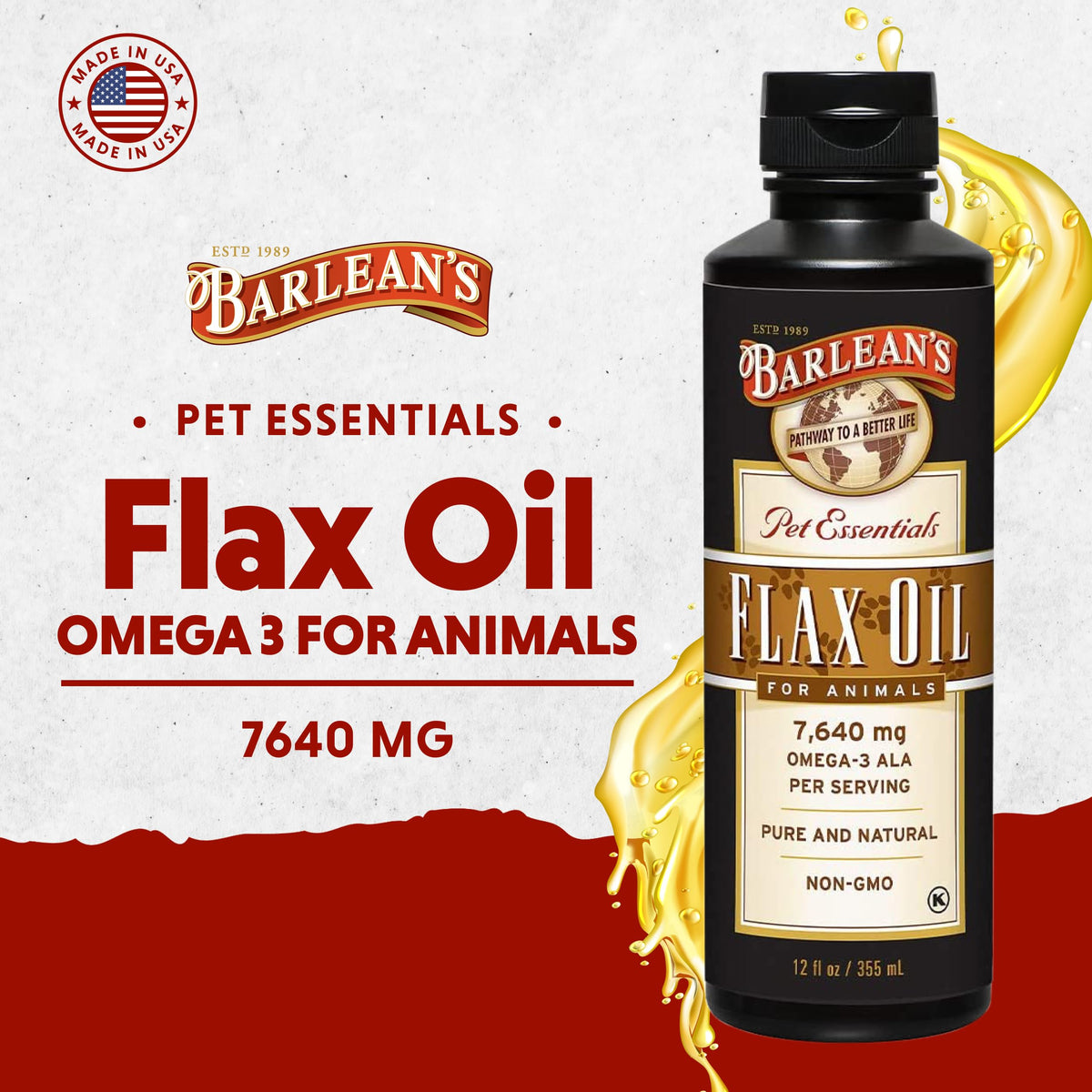 Back label of Barlean's liquid omega 3 pet supplement showing precise daily dosage instructions