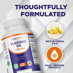 Close up of Vitamatic Flaxseed Oil 1200 Milligrams packaging illustrating clean dietary features and gluten free certification