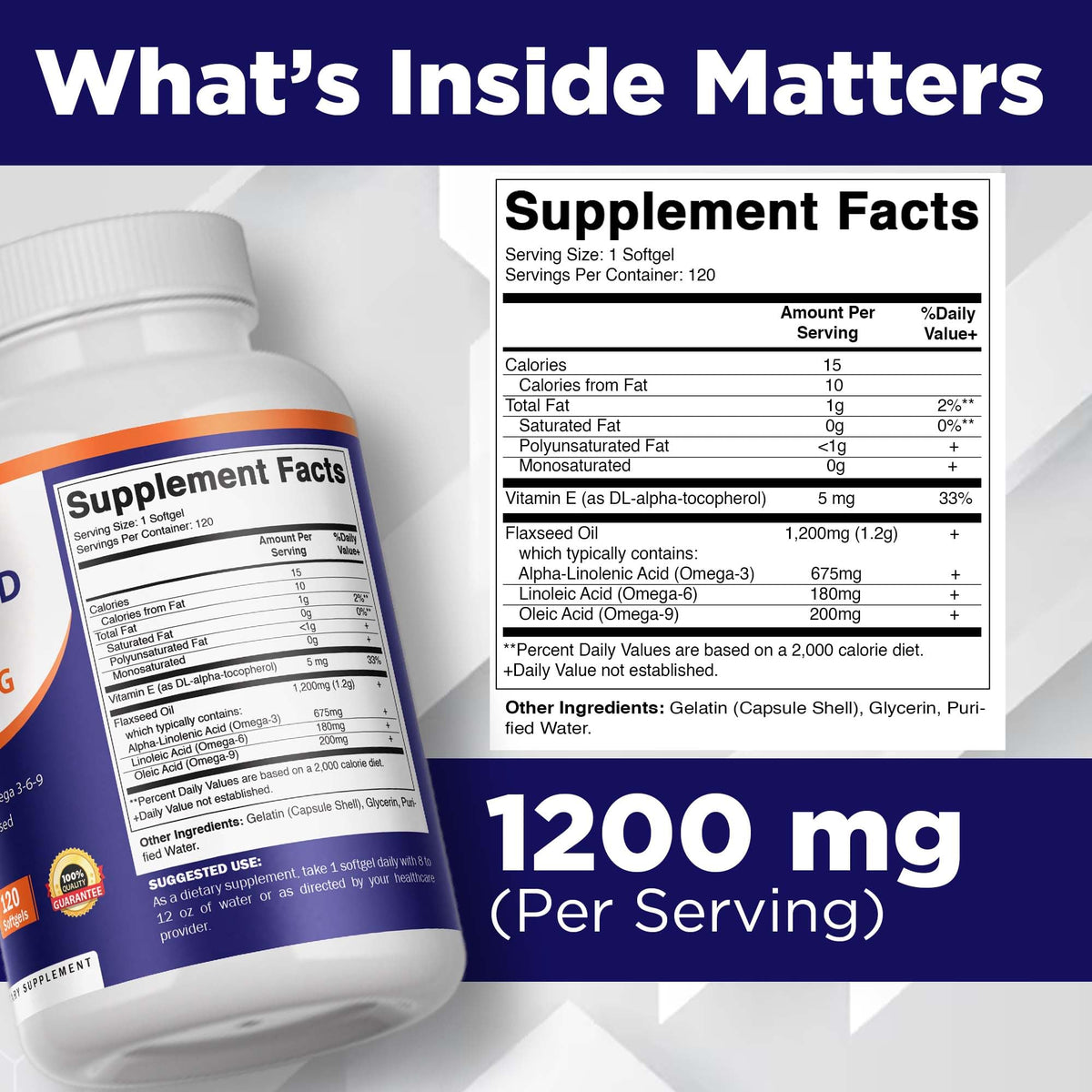 Vitamatic Flaxseed Oil 120 softgels pack showing 675mg ALA Omega 3 nutrition facts label
