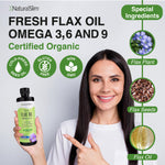Organic cold pressed flaxseed oil bottle showcasing vegetarian seal